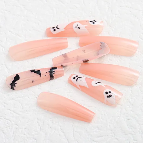 Vista 7 de Uñas postizas de Halloween con diseño de ataúd, uñas postizas acrílicas extralargas con diseños, uñas postizas de cobertura completa con gel, 24