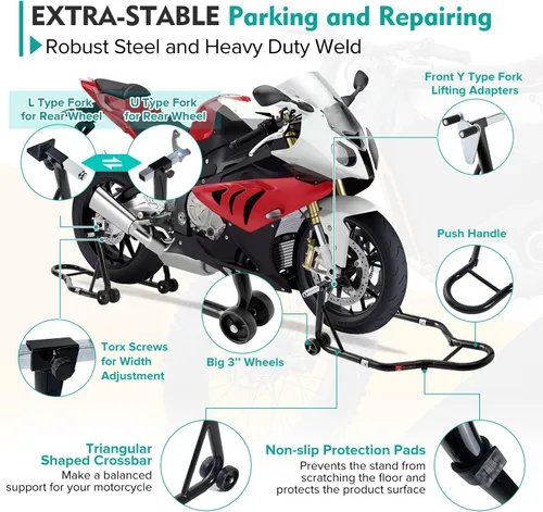 Vista 3 de Soporte para motocicleta, basculante delantero y trasero para bicicleta deportiva, 850 libras, U+L Fits BMW Yamaha Honda Kawasaki Suzuki
