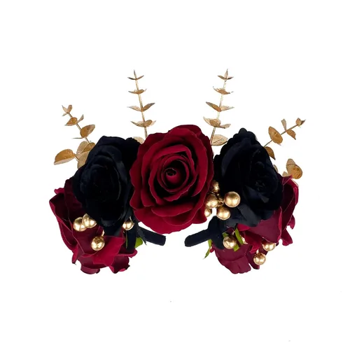 Vista 6 de Ansuma Diadema con corona de flores de rosa burdeos, corona de pelo floral para bodas, fiestas, festivales, cosplay, fotografía, día de los muertos