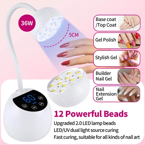 Vista 6 de Lámpara de uñas UV, cuello de cisne inalámbrico de 36 W, lámpara de curación de flash con 3 temporizadores y sensor automático para arte de uñas