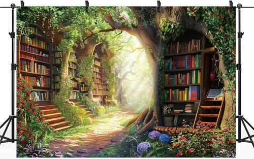 Vista 5 de Riyidecor Fondo de Biblioteca de Hadas Tela de Poliéster Estantería Árbol Encantado Bosque 5 Pies de Ancho x 3 de Alto Verde Jardín Libro Planta