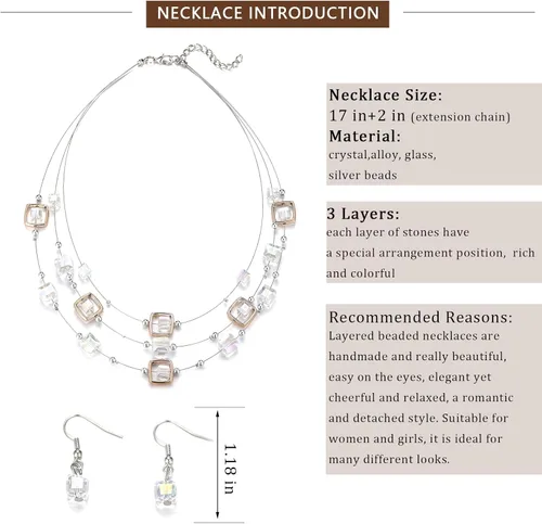Vista 5 de Layered Silver Beaded Necklace for Women Square Crystal Beads Statement Collar Necklace and Earrings Fashion Costumes Jewelry for Women