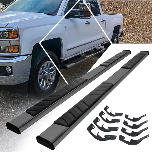 Vista 6 de PM PERFORMOTOR Estribos de barra ancha de acero inoxidable negro de 5 pulgadas compatibles con Silverado Sierra 1500 Crew Cab 07-18 / Silverado