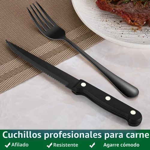 Vista 6 de Juego de 49 piezas de cubiertos de acero inoxidable negro con organizador, juego de cubiertos negros con cuchillos para carne para 8 personas, juego