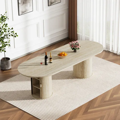 Vista 7 de SSLine Mesa de comedor extensible ovalada para 4 a 10 personas, mesa de cocina expandible de 63 a 94 pulgadas de largo con base de almacenamiento