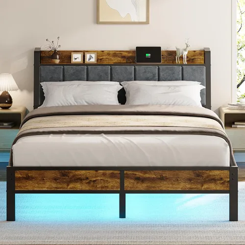 Vista 10 de Liians Base de cama de tamaño individual con cabecera de almacenamiento y estación de carga, luces LED RGB inteligentes, cama de plataforma de metal