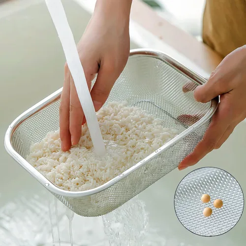 Vista 5 de Cesta coladora de malla fina de acero inoxidable 18/8 con pies, colador rectangular para verduras, frutas, pasta, fideos, inoxidable, duradera