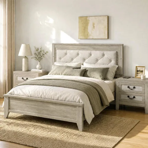 Vista 3 de KISLOT Base de cama LED tapizada con juego de mesitas de noche, color crema