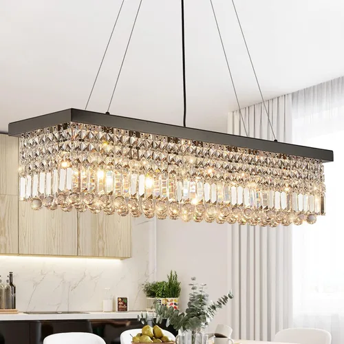 Vista 17 de 7PM Candelabro de cristal dorado moderno rectangular candelabros para comedor, lámpara colgante rectangular para isla de cocina y dormitorio, 31.5