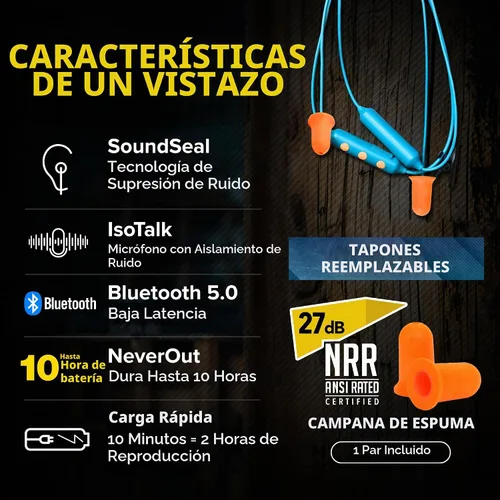 Vista 4 de Plugfones Basic Pro - Auriculares Bluetooth con Tapones de Espuma para los Oídos - Protección Auditiva NRR de 27 dB - Auriculares Inalámbricos