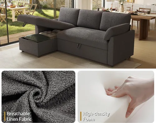 Vista 5 de AMERLIFE Sofa Bed, Sleeper Sofa with Storage Chaise, Convertible Sofa Bed with Pull Out Couch, l Shaped Couch for Living Room, Guest Room, Boucle