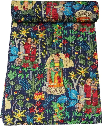 Vista 17 de Marubhumi Colcha de algodón puro Kantha con diseño tradicional indio de Farida (beige, individual (60 x 90 pulgadas)