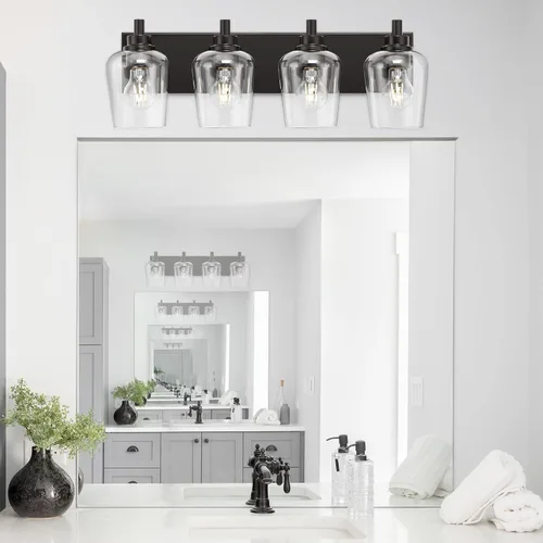 Vista 7 de Lámparas de baño, lámpara de tocador moderna de 4 luces con pantalla en forma de copa de vino de vidrio transparente, accesorios de iluminación Negro