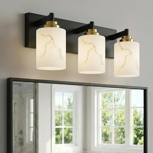 Vista 22 de Juego de 2 apliques de pared dorados con pantalla de vidrio de mármol, accesorios modernos de tocador de baño para dormitorio, pasillo, entrada