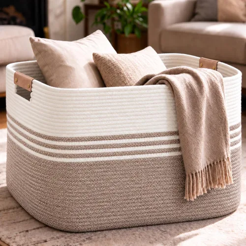 Vista 16 de DOFASAYI Cesta de Ropa Sucia - Cesta de Lavandería Grande de 85L con Asas de Cuero, Cesta de Almacenamiento Decorativa para Mantas - Cesta de Ropa
