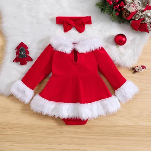 Vista 16 de WASAIGOOD Mameluco de Navidad para bebé niña, vestido de manga larga con ribete de piel, traje de terciopelo para Navidad, enterizo de invierno
