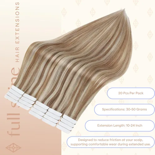 Vista 49 de Full Shine - Extensiones de cabello humano con cinta, mezcla de rubio hongo # 8 castaño ceniza resaltado 60 rubio ceniza
