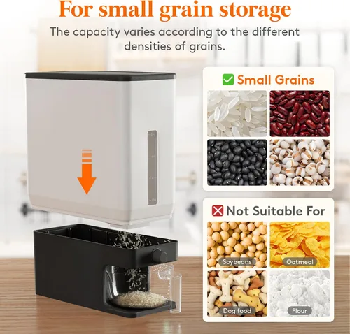Vista 6 de Lifewit Dispensador de arroz de 25 libras (24.9 lbs), recipiente de almacenamiento de arroz sellado a prueba de humedad con taza medidora para Negro