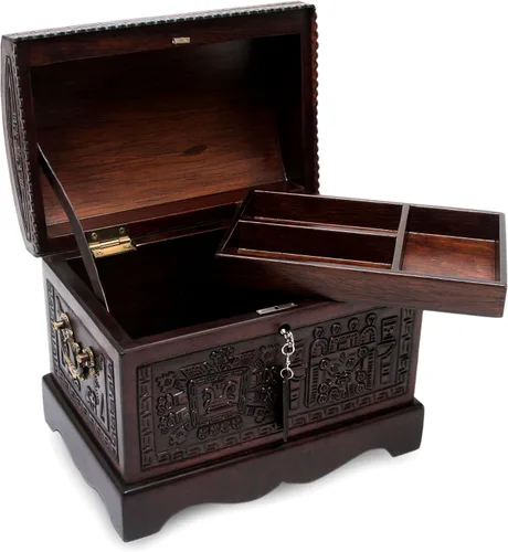 Vista 10 de NOVICA Caja de joyería de madera y cuero labrado Mohena con temática colonial, legado colonial
