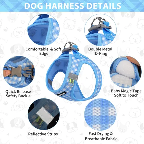 Vista 7 de AIITLE Juego de arnés y correa para perro, sin tirones, arnés de malla suave reflectante para cachorros y gatos extra pequeños, arnés de chaleco a