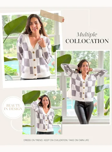 Vista 5 de Dokotoo - Suéter de punto trenzado, de manga larga con cuello en V a cuadros, estilo holgado para mujer