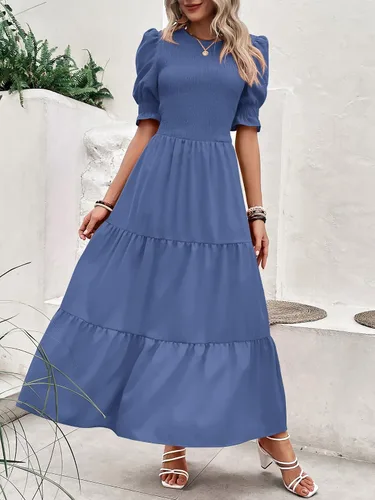 Vista 98 de BTFBM Vestidos para mujer, cuello redondo, casual, de verano, con volantes, manga corta, bohemio, con niveles, fruncido, largo, con estampado floral