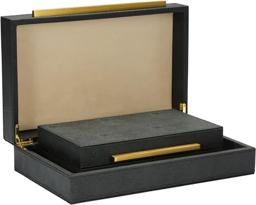 Vista 18 de Sagala Caja Decorativa Negra de Shagreen Con Mango Dorado, Caja Organizadora de Joyas Caja Guardadora, Caja de Almacenamiento de Cuero Sintético