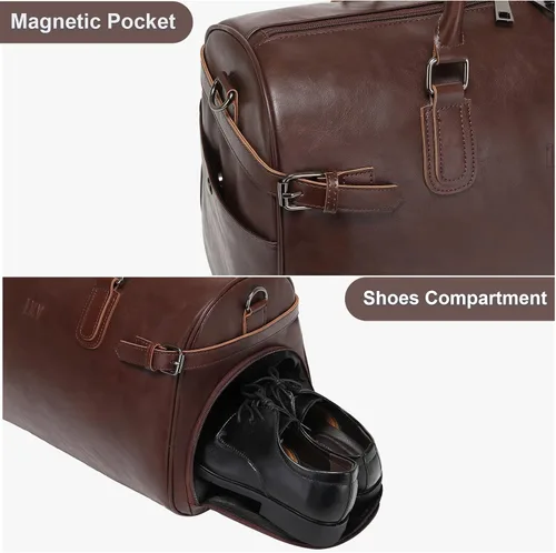 Vista 4 de LXY - Bolsa de viaje de piel vegana, bolsa de viaje para fin de semana con compartimento para zapatos, bolsas de gimnasio para mujeres y hombres