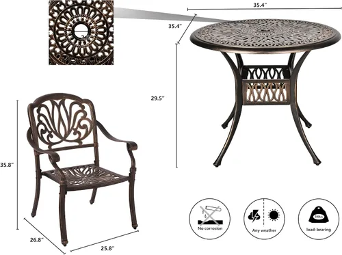 Vista 6 de TITIMO Juego de comedor de 5 piezas de aluminio fundido para patio al aire libre, 4 sillas con patrón y mesa redonda de 35.4 pulgadas, juego de Sin
