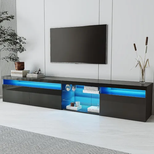 Vista 19 de Merax Minimalist 103" Entertainment Wall Unit Set with Overhead Bridge for TVs Up to 75", Modern Large Media Console with Adjustable Shelves, Ample