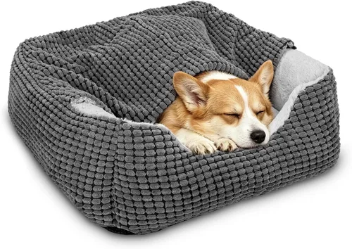 Vista 10 de GASUR Camas para perros pequeños, medianos y grandes con cueva de cubierta, cama rectangular con capucha para cachorros con manta, acogedoras camas