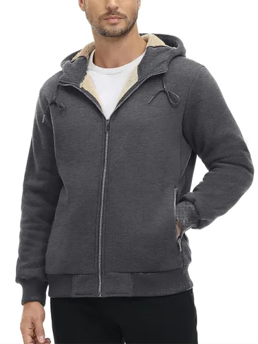 Vista 2 de MAGCOMSEN Chaqueta Sherpa con capucha de forro polar para hombre, con cremallera completa, cálida, mullida, resistente al viento, abrigos