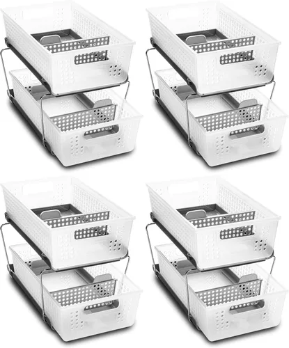Vista 8 de madesmartOrganizador de 2 niveles, cestas de almacenamiento de deslizamiento multiusos con asas, claro pull out bins, adjustable dividers, tiered
