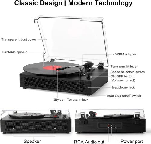 Vista 3 de Tocadiscos de vinilo con Bluetooth y altavoces estéreo integrados, tocadiscos vintage de 3 velocidades con parada automática, salida RCA y entrada