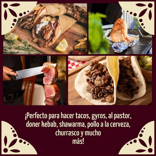 Vista 6 de CONCORD Brocheta vertical al pastor de acero inoxidable con placa para parrillas de barbacoa al aire libre. Ideal para tacos, giroscopio, shawarma