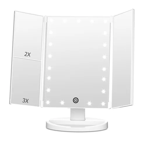 Vista 9 de FASCINATE Espejo de maquillaje iluminado, 21 luces LED brillantes, espejo de tocador tríptico LED con aumento 3x/2x/1x, control táctil de brillo