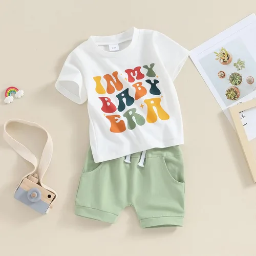 Vista 2 de Lucikamy Ropa para bebé niño pequeño, camiseta de manga corta para mamá y pantalones cortos de cintura elástica, trajes casuales para bebés