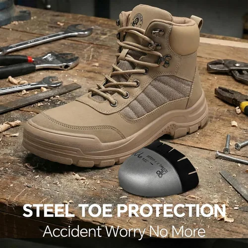 Vista 2 de ANGRYRAM Botas de trabajo con punta de acero para hombres y mujeres, antideslizantes, resistentes a pinchazos, botas de trabajo para hombres