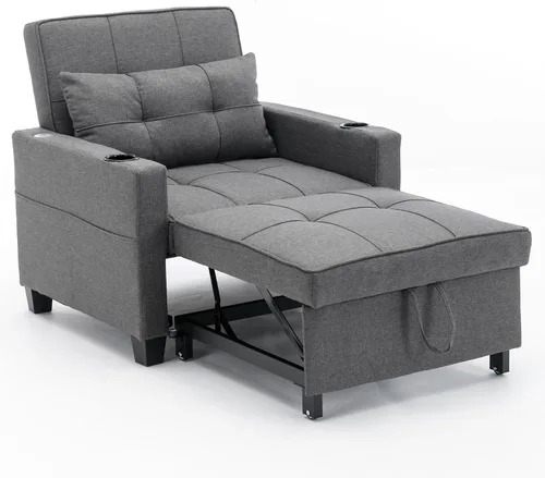 Vista 7 de Silla cama cama convertible ajustable con almohada, silla extraíble con puertos USB, antiarañazos, para sala de estar, dormitorio, apartamento, Lino