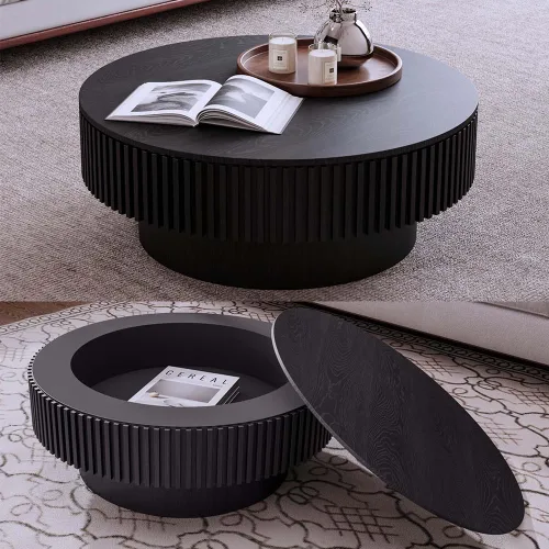 Vista 12 de Mesa de Centro Cuadrada de 35.43'' para Sala de Estar Mesa de Centro Acanalada Mesa Central Moderna con Pedestal para Apartamento Negro