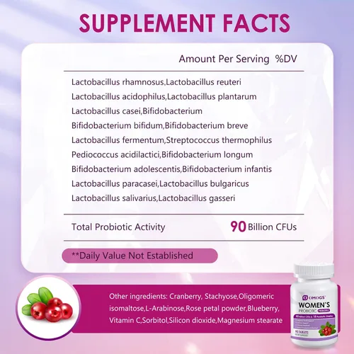 Vista 2 de OMOGS 2 probióticos para mujer, con extracto de arándano, prebióticos orgánicos y vitamina C, 90 mil millones de UFC, 18 cepas, ayudan a aumentar