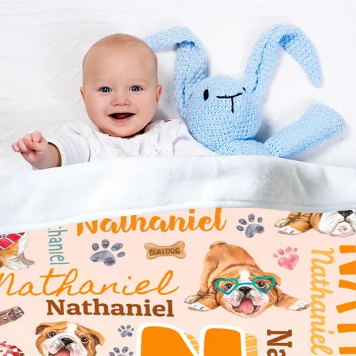 Vista 3 de Manta preescolar personalizada de bulldog para bebés, niños y niñas, sábanas de franela personalizadas súper suaves y ligeras, decoración para cuna