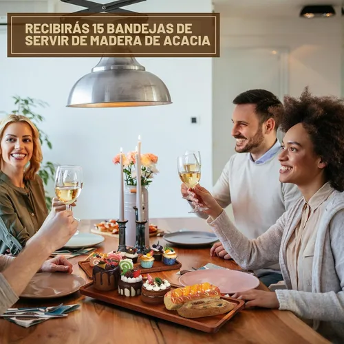 Vista 5 de Skylety Paquete de 15 bandejas de madera maciza para servir grandes de acacia para fiestas, tablero rectangular de charcutería con mango ranurado
