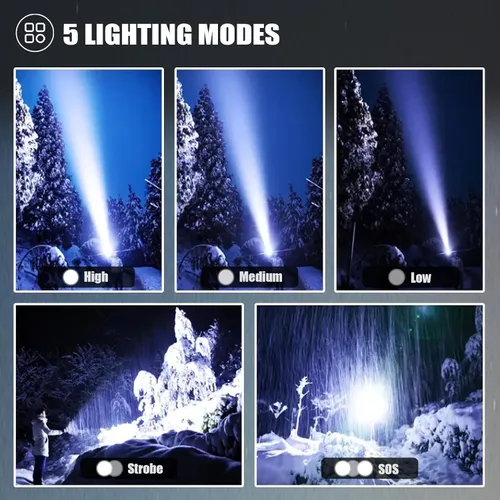 Vista 6 de Paquete de 4 linternas recargables de alto lúmenes, linterna súper brillante de 9000000 lúmenes, luz de flash potente ajustable con cable USB, 5