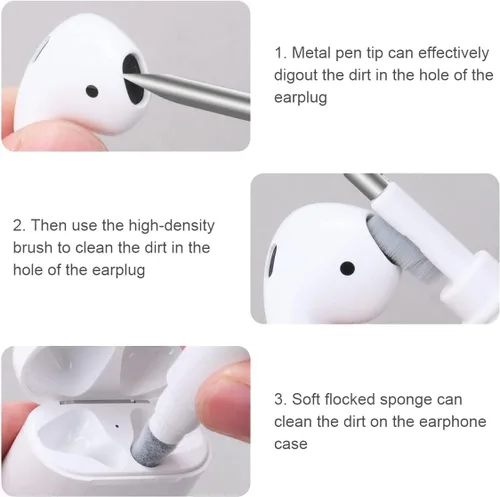 Vista 4 de AOMIG Kit de limpieza para Airpod, kit de limpieza de auriculares 3 en 1, kit de limpieza de teléfono con cepillo suave para auriculares