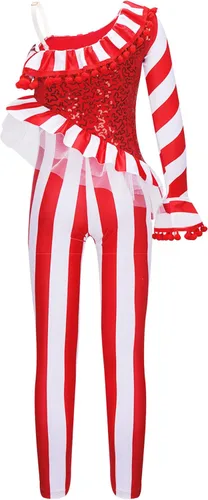 Vista 2 de Disfraz de baile de Navidad para niños y niñas, con un hombro y lentejuelas a rayas, unitardo, mono activo
