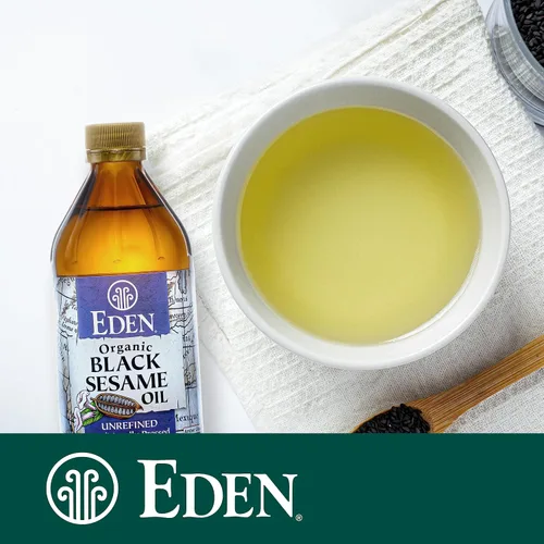 Vista 4 de Eden Aceite de sésamo negro orgánico, sin refinar, 100% semillas de sésamo negro, botella de vidrio ámbar de 16 onzas