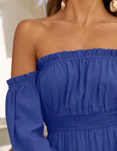 Vista 7 de ZESICA - Vestido largo, bohemio y sexy, con hombros descubiertos y manga larga fruncida, con elástico fruncido, cintura alta y abertura lateral