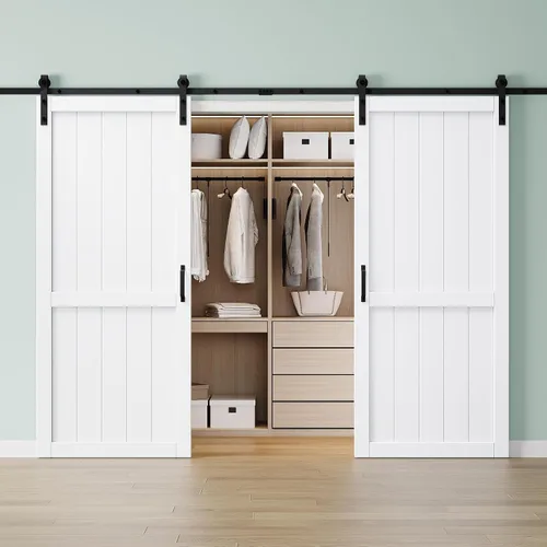 Vista 18 de 30"x84" 1-Lite Double Side Mirror Barn Door Slab with 6FT Track Kit, Handle White / 1-Lite Double Side Mirror