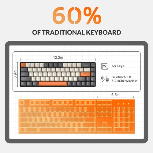 Vista 2 de MAGIC-REFINER RK68 - Teclado mecánico inalámbrico 60 Bluetooth 5024GHz con receptor 2 en 1 de modo dual teclado compacto de 68 teclas